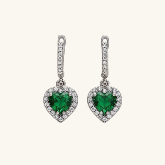 Green Stone Heart Women's Silver Earrings