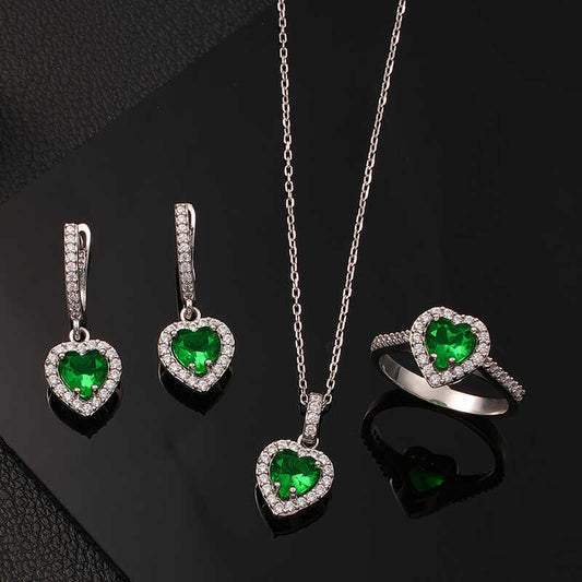 Parure en argent pour femme avec cœur en pierre verte