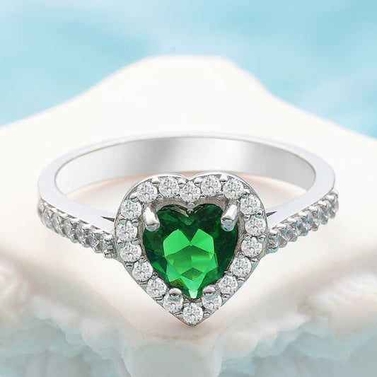 Green Stone Heart Women's Silver Ring