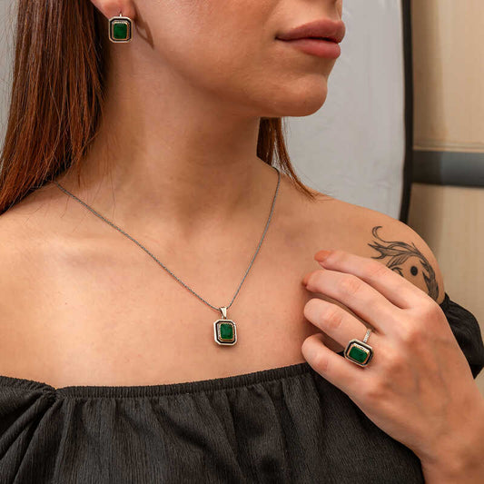Green Stone Authentic Women's Silver Set