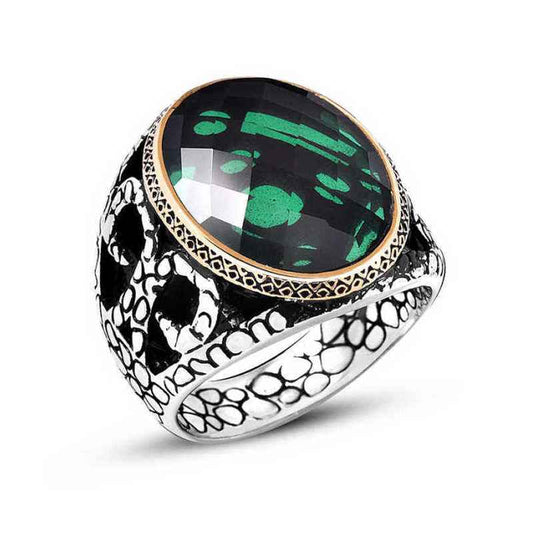Green Zircon Stone Men's Silver Ring