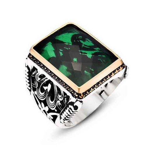 Green Zircon Stone Men's Silver Ring