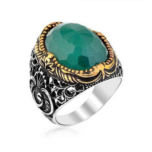 Green Zircon Stone Men's Silver Ring