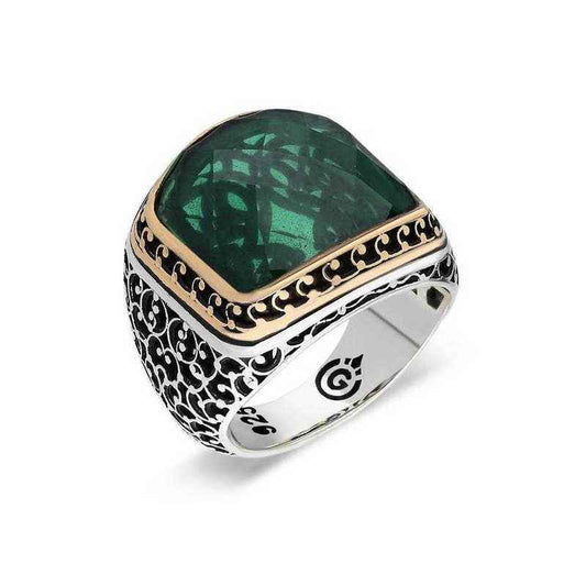 Green Zircon Stone Men's Silver Ring