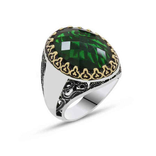 Green Zircon Stone Men's Silver Ring