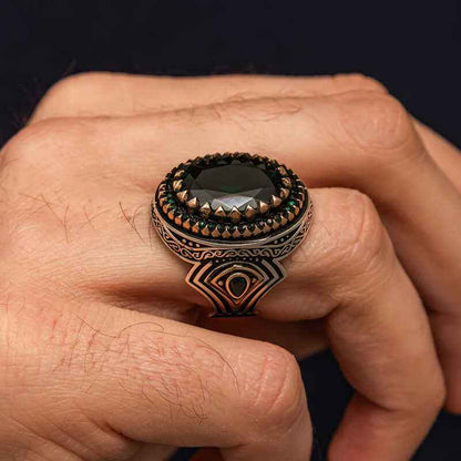 Green Zircon Stone Men's Silver Ring