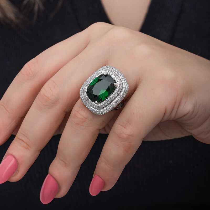 Green Zircon Stone Women's Silver Ring