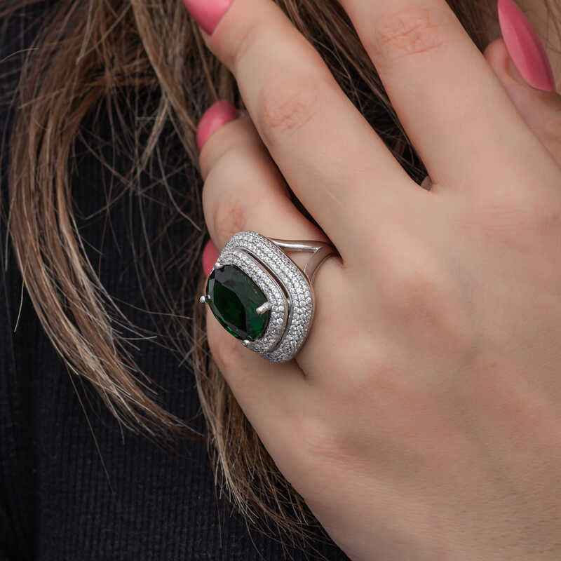 Green Zircon Stone Women's Silver Ring