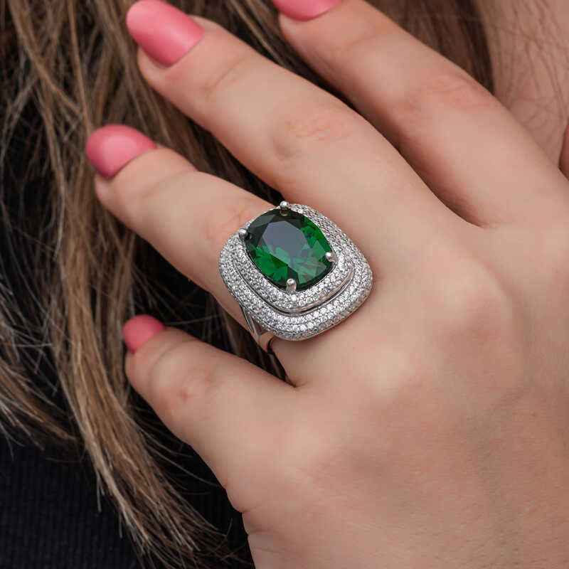 Green Zircon Stone Women's Silver Ring