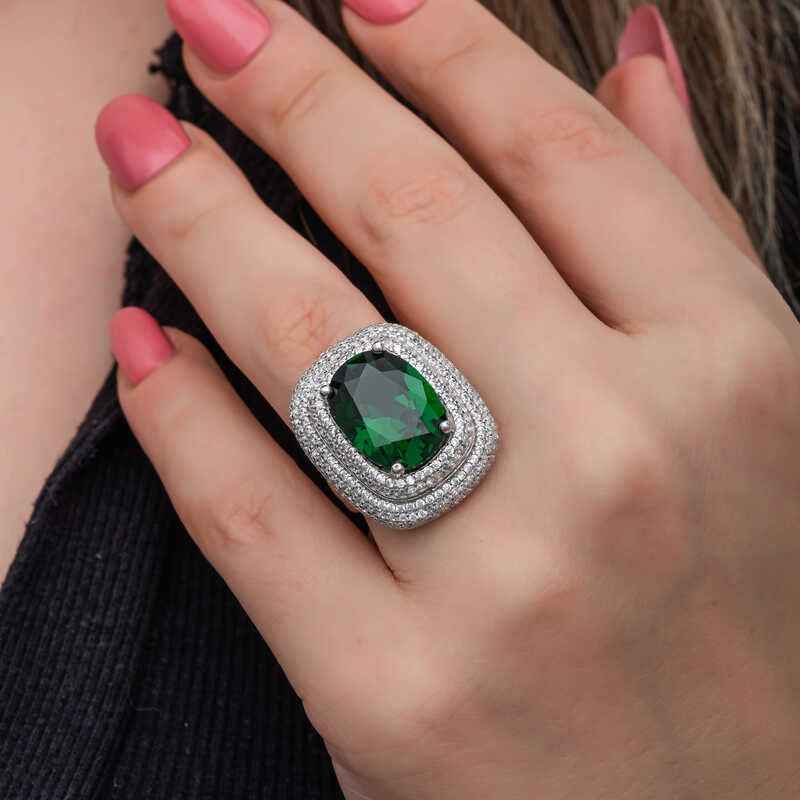 Green Zircon Stone Women's Silver Ring