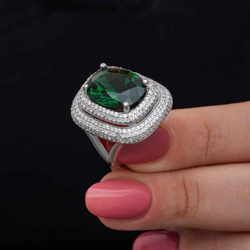 Green Zircon Stone Women's Silver Ring