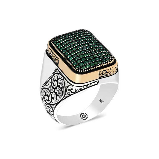 Green Zircon Stone Square Men's Silver Ring