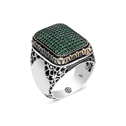 Green Zircon Stone Square Men's Silver Ring