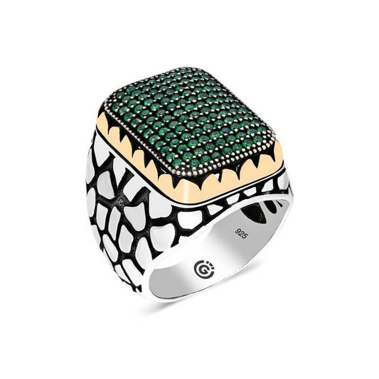 Green Zircon Stone Square Men's Silver Ring