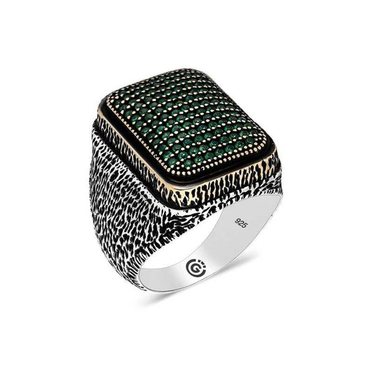 Green Zircon Stone Square Men's Silver Ring
