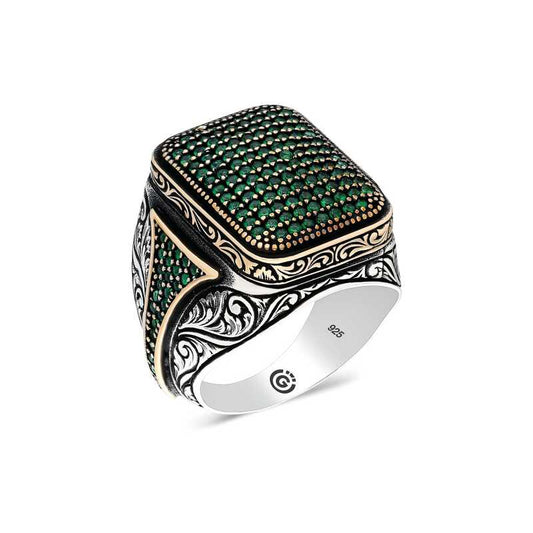 Green Zircon Stone Square Men's Silver Ring