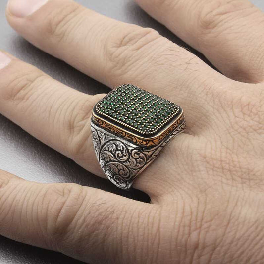 Grüner Zirkon Stein Quadratischer Herren Silberring