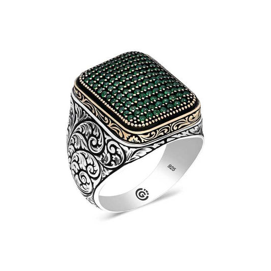 Green Zircon Stone Square Men's Silver Ring