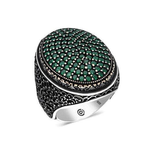 Green Zircon Stone Oval Men's Silver Ring