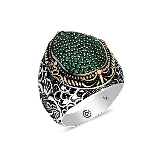 Green Zircon Stone Oval Men's Silver Ring