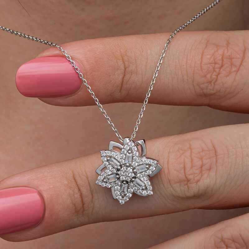Star Baguette Stone Rotating Stress Women's Silver Necklace