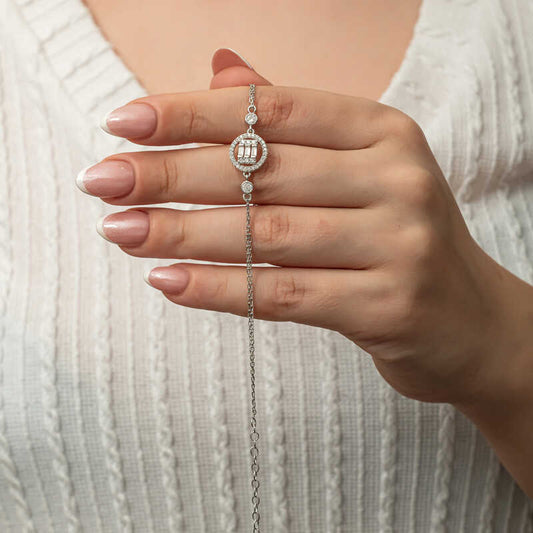 Round Baguette Stone Women's Silver Bracelet
