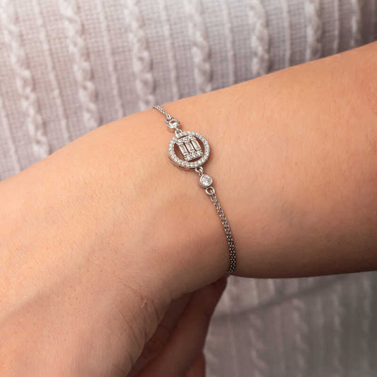 Round Baguette Stone Women's Silver Bracelet