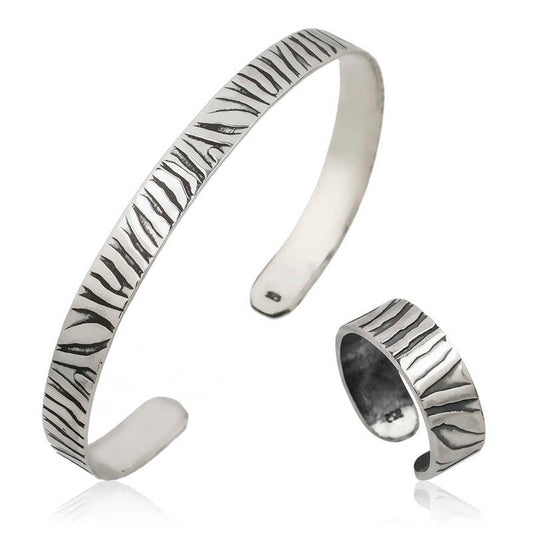 Zebra Pattern Silver Bracelet and Ring Set