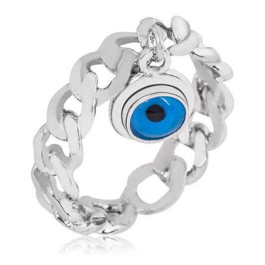 Bague en argent pour femme avec chaîne et mauvais œil