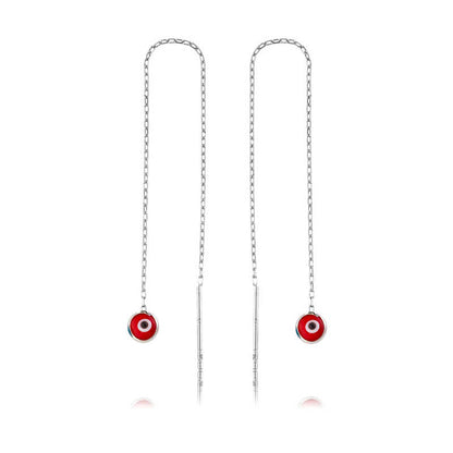 Red Evil Eye Silver Chain Earrings