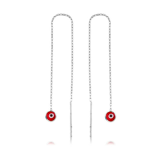 Red Evil Eye Silver Chain Earrings