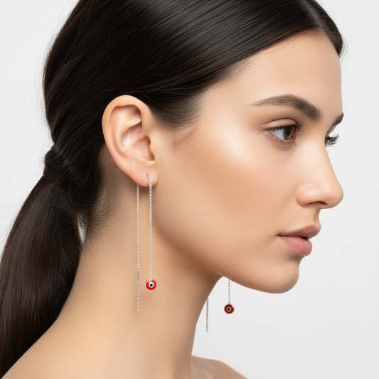 Red Evil Eye Silver Chain Earrings