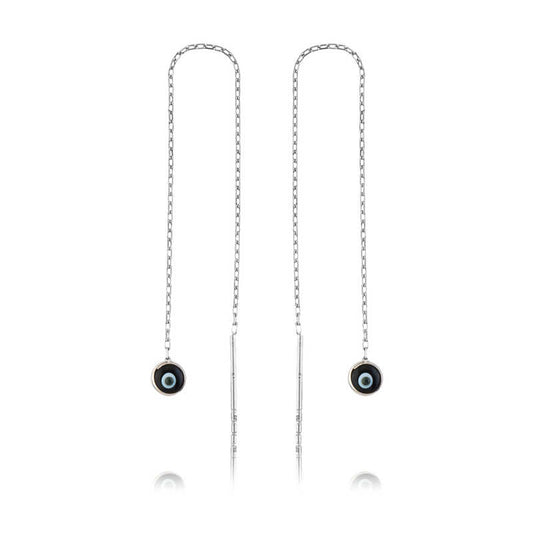 Boucles d'oreilles chaîne en argent bleu marine avec mauvais œil