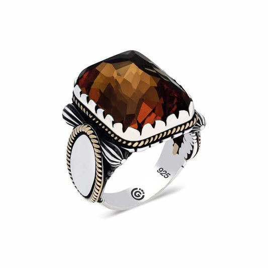 Zircon Agate Stone Square Men's Silver Ring