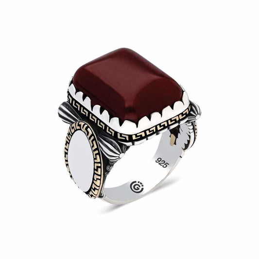 Zircon Burgundy Agate Stone Square Men's Silver Ring