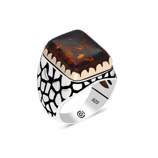 Zircon Brown Stone Square Men's Silver Ring