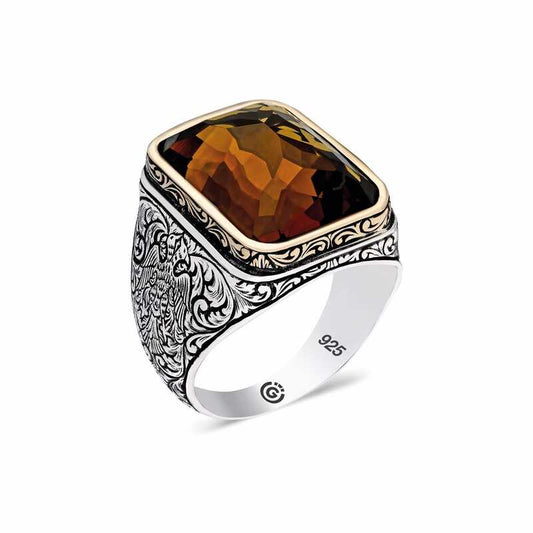 Brown Zircon Square Stone Men's Silver Ring