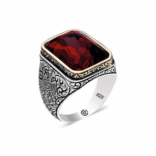 Zircon Red Stone Square Men's Silver Ring