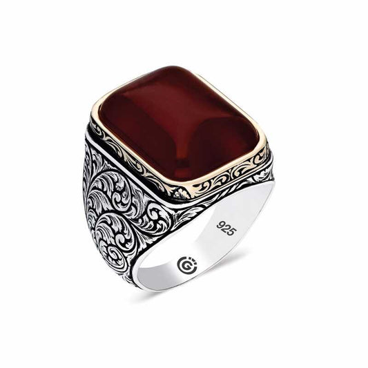 Dark Bordeaux Zircon Square Men's Silver Ring