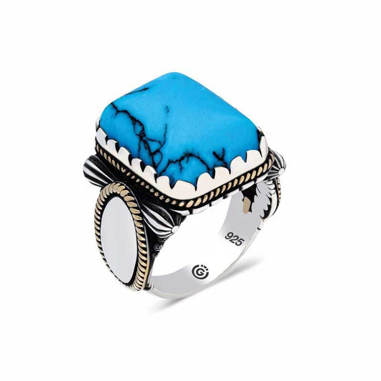 Zircon Plain Turquoise Stone Square Men's Silver Ring