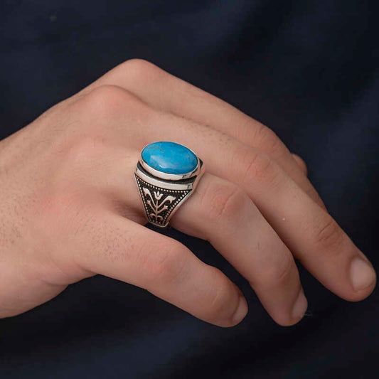 Zircon Turquoise Stone Oval Men's Silver Ring