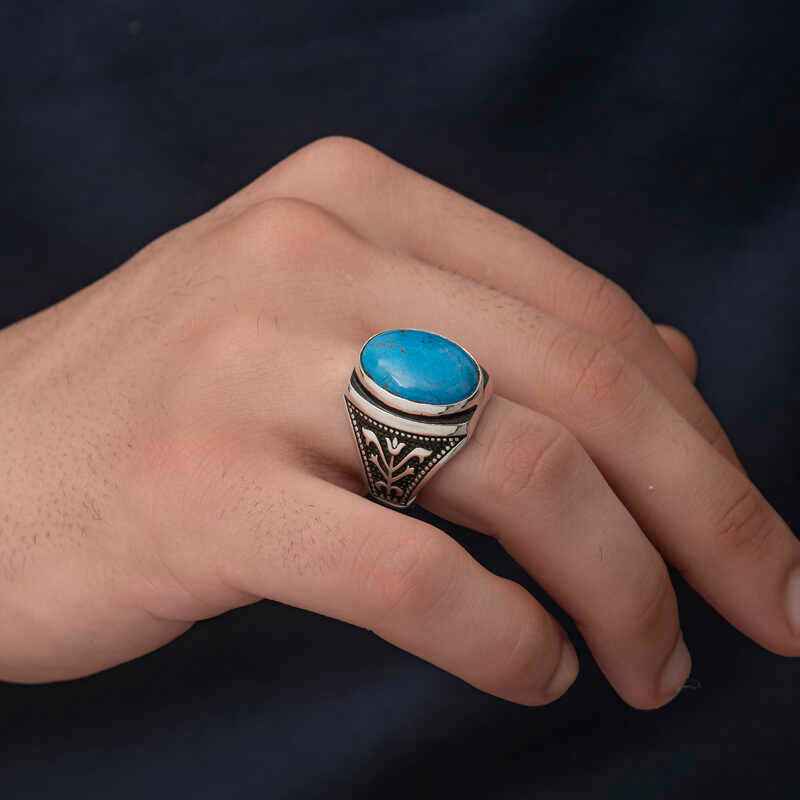 Zircon Turquoise Stone Oval Men's Silver Ring