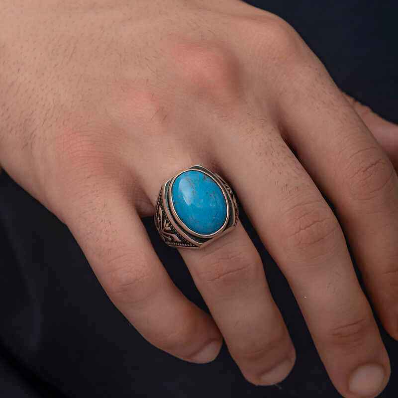 Zircon Turquoise Stone Oval Men's Silver Ring