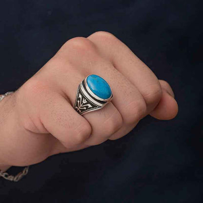 Zircon Turquoise Stone Oval Men's Silver Ring