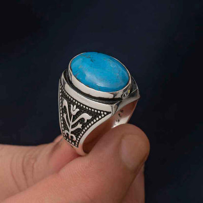 Zircon Turquoise Stone Oval Men's Silver Ring