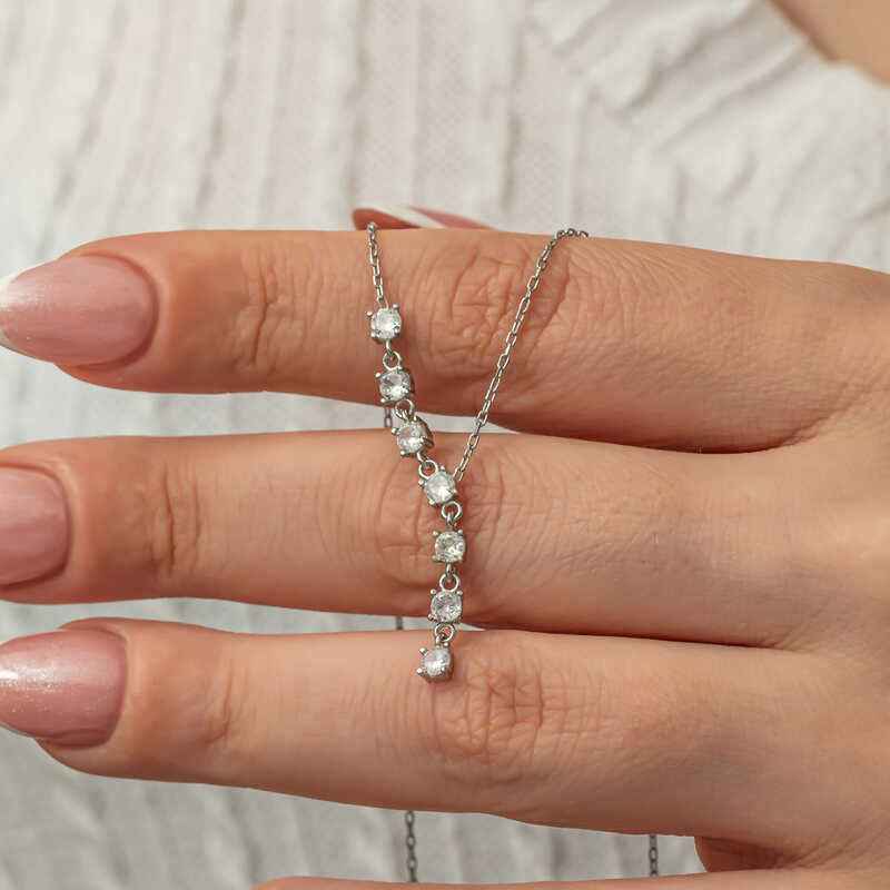Zircon Row Stone Women's Silver Necklace