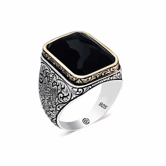 Black Zircon Square Men's Silver Ring