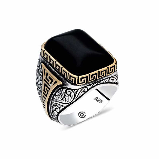 Black Onyx Stone Square Men's Silver Ring