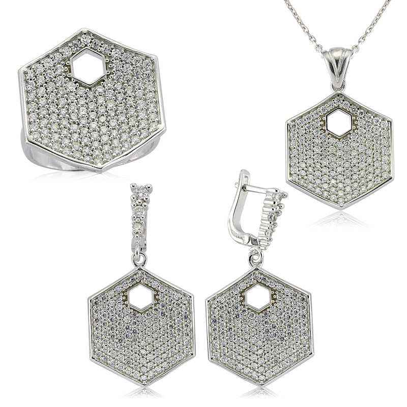 Hexagonal Zircon Stone Women's Silver Set