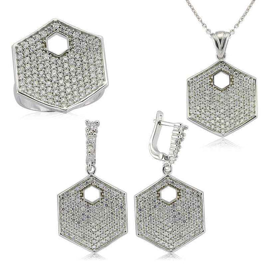 Hexagonal Zircon Stone Women's Silver Set